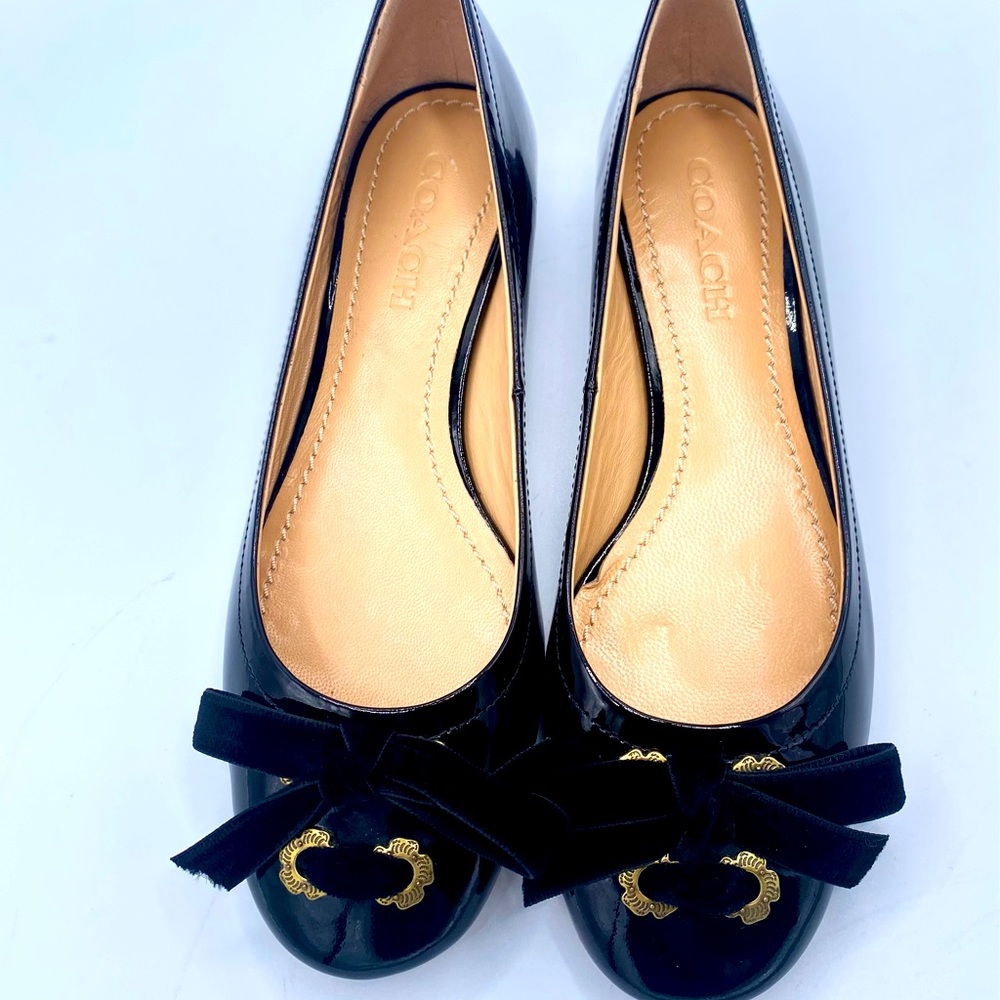 Coach Patent Black Leather Velvet  Lia Gold Embellishments Ballet Flats NWOT 6.5